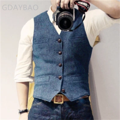 Formal Men Herringbone Double-Breasted Tweed Waistcoat Vest Wedding Vintage Wool - Photo 1/4