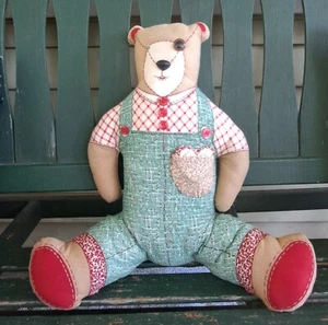 Vintage Handmade Cut Sew Panel Pillow Plush Teddy Bear Button Heart In Pocket - Picture 1 of 10