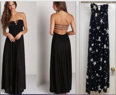 Indah Flamingo 缩褶抹胸长裙黑色白色星星,尺寸 M — 第 1/4 张图片