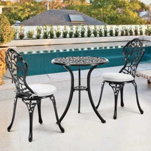 3Pcs Bistro Table &Chair Set Antique Cast Aluminum Garden Furniture w/Cushions - Picture 1 of 13