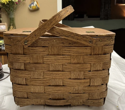 Shelton Basket 14" x 14" Wooden Double Hinged Picnic Basket Large Handled Cover