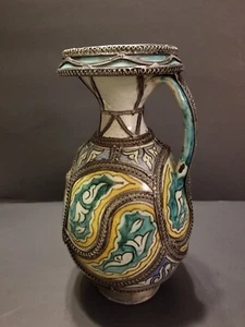 Old Moroccan Vase Majolica Silver Filigree Signed Vase Approx 11" YinYang Design - Picture 1 of 15