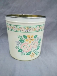 Ivory Metal canister floral print plant holder 7" no lid Vtg bouquet Beige - Picture 1 of 6