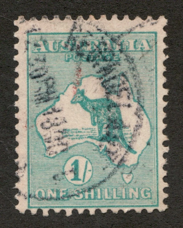 1913 Austrália Sc# 10 - Um xelim, canguru "roo" e mapa - selo usado Cv$22,50 - Imagem 1 de 1