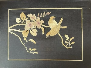 VINTAGE CHINESE STRAW ART PAINTING- Bird & Flowers- 8x12” - Picture 1 of 11