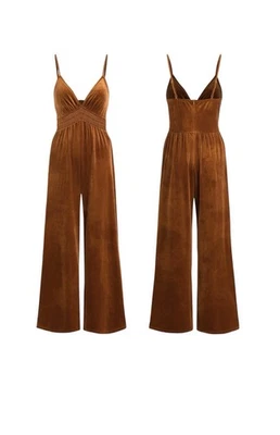 Cider Jumpsuit Size S Burnt Orange Velvet Spaghetti Strap Embroidered High Waist - Image 1 of 4