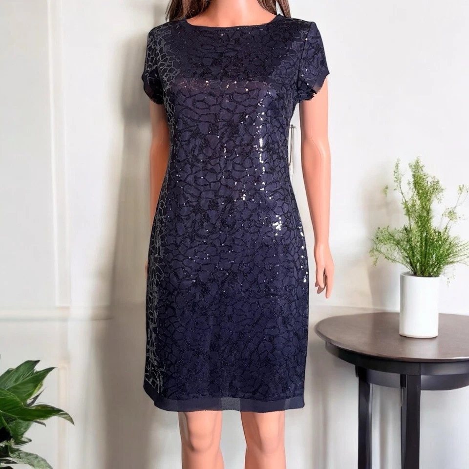 Vince Camuto Navy Cobalt Sequin Cocktail Dress Sz 8 Zip Lined