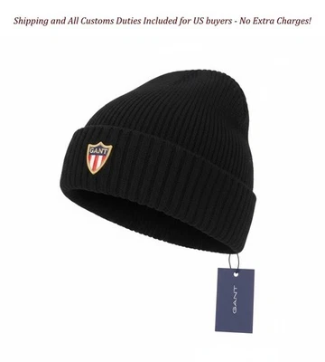 GANT Banner Shield Gorro Hombres Sombrero OS Negro Lana Punto Apretado Parche Logo Elástico Foto 1 de 4
