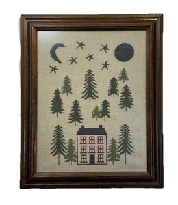 Finished Cross Stitch Framed Stars Moon Forest Folk Art Primitive Country Cabin - Picture 1 of 7