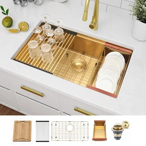 Gold Kitchen Sink 32in Undermount Workstation Sink Deep Bowl 304 Stainless Steel - Bild 1 von 7