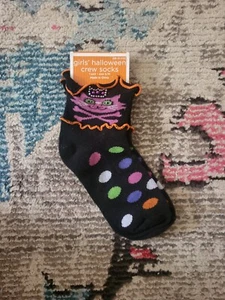 NEW NWT Cat Halloween black polka dot girls size small crew socks holiday crown - Picture 1 of 3