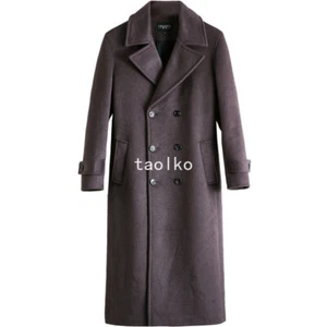 Men's Double Breasted Long Trench Coats Woolen Lapel Collar Knee Length Overcoat - Picture 1 of 14