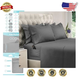 Hotel Luxury King Size Sheets - 6 Pcs with Hypoallergenic Deep Pocket Design - Picture 1 of 9