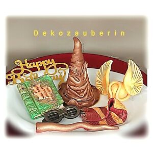 Harry Potter inspiriert Tortendeko Deko Zauberstab Schnatz Hut Brille Fondant