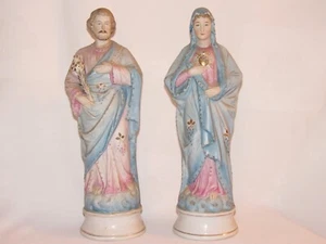 2 Antiche Statue Biscotto Policromo San Joseph E Maria 31 CM Religion - Picture 1 of 3