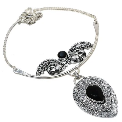 Nero Spinello Gemma Artigianale 925 Argento Sterling Gioielli Collana - Immagine 1 di 4