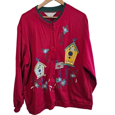 Vintage Birdhouse Cardigan Womens Size XL Red Embroidered Birds Flowers Granny - Image 1 of 4