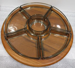Digsmed Denmark Danish Modern Teak Lazy Susan mit Rauchglas Geschirr Spins 7 Stück - Bild 1 von 11