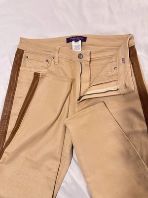MSRP$1250 Ralph Lauren Purple Label Tan Coated Stretch Jean Leather Stripe sz 29 - Image 1 of 4