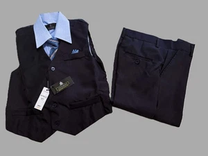 Vittorino -Black - 4 piece suit - Shirt, Pants, Vest & Clip-on Tie - Boys Size 8 - Picture 1 of 4