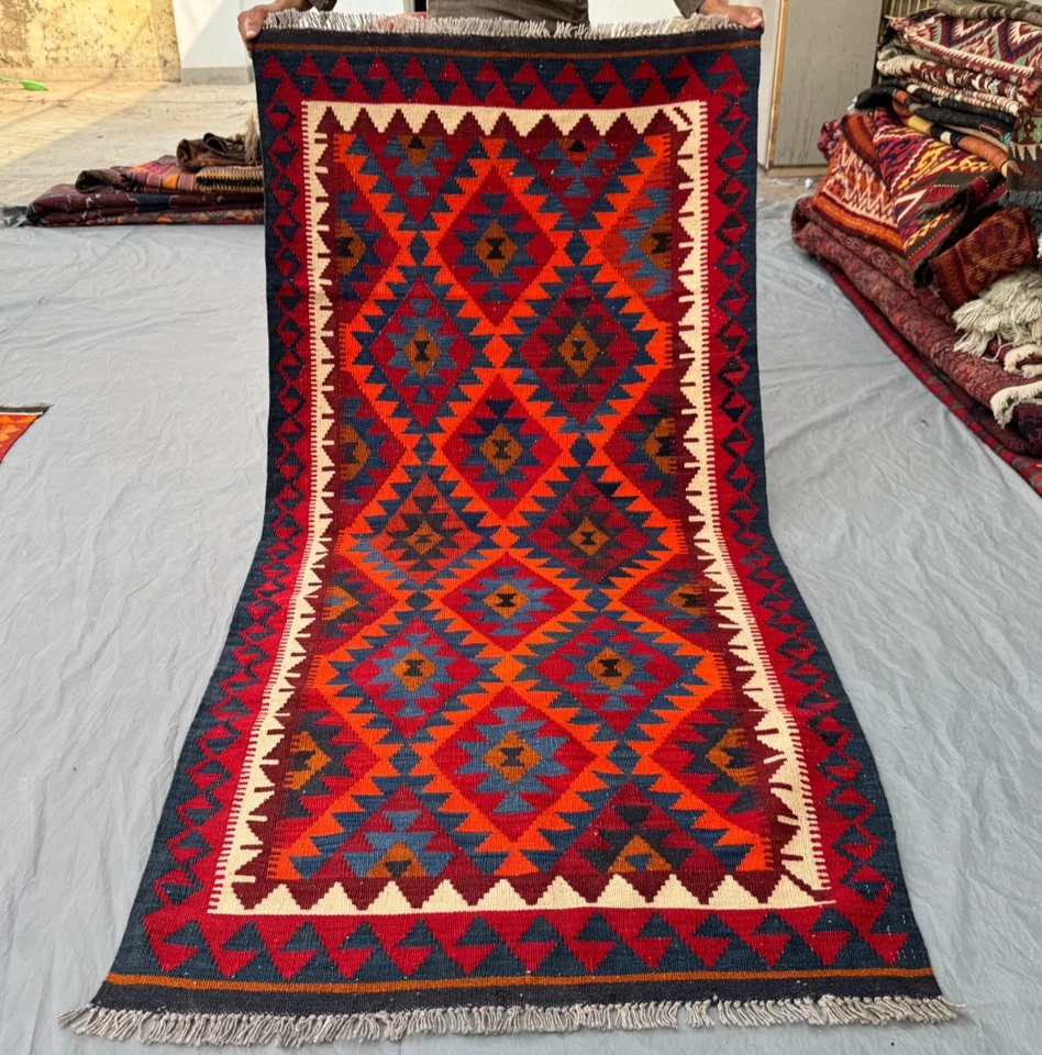3x6 Vibrant Afghan Tribal Kilim – Bold Red & Blue Diamond Geometry – Handwoven - Image 1 of 4