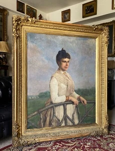 um 1880 RIESIGES ÖL PORTRAIT GEMÄLDE EINER WEIBLICHEN SCHÖNHEIT IM PRÄCHTIGEN RAHMEN - Bild 1 von 16