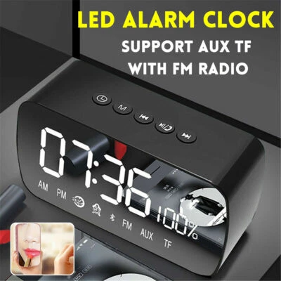 LED Digital Alarm Clock USB Mirror Display Bluetooth AUX Radios Speaker Portable - Image 1 of 4