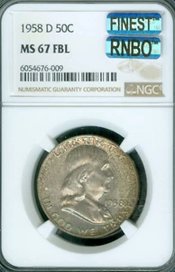 1958 D FRANKLIN HALF DOLLAR NGC MS67 FBL MAC FINEST & RAINBOW RNBO * - Picture 1 of 2