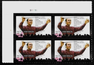HENRY MANCINI US #3839 PINK PANTHER CONDUCTOR COMPOSER MVF 37c STAMP PLATE BLOCK - Image 1 of 3