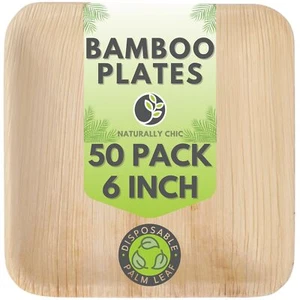 Small 6 Inch Square Bamboo Plates Disposable 50 Pack Same As Palm Leaf Dessert P - Picture 1 of 7