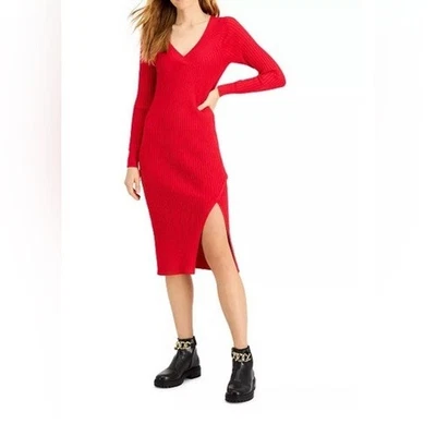 INC International Concepts V-Neck Red Ribbed Sweater Long Sleeve Dress Size L - Image 1 of 4
