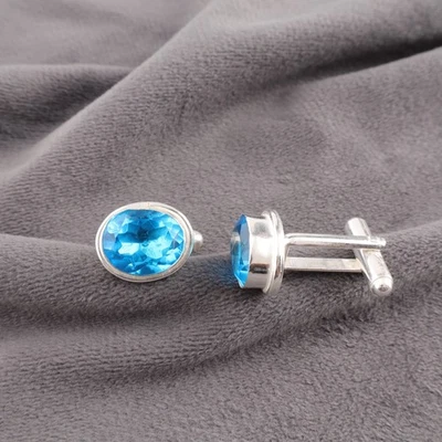 Abotoaduras masculinas de prata esterlina 925 pedra preciosa topázio azul suíço presente para - Imagem 1 de 3