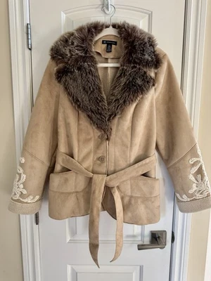 NEW INC Womens Fur Lapel Camel Tan Faux Suede Coat Large Embroidered Jacket Belt - Image 1 of 4