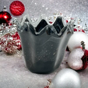 Murano Glass Vase Crown Shaped Black Gray Bronze Specks Clear Glossy 5” tall New - Picture 1 of 13