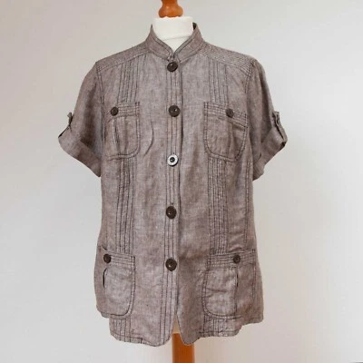 Rocha John Rocha UK 16 Linen Short Sleeve Brown Button Top Casual Pockets Slits - Image 1 of 4