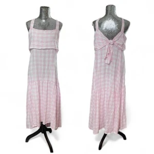 Coastal Pastel Pink Linen Gingham Tiered Hem Maxi Dress L/XL Prairie Feminine - Picture 1 of 5