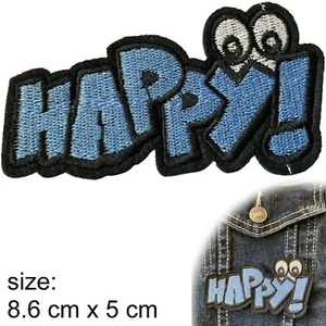 Happy Iron on patch eye blue words happiness embroidery heat transfer patches - Picture 1 of 2