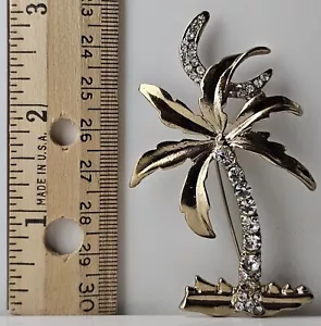 Vintage Crystal Palm Tree Crescent Moon Brooch Gold Tone Florida Beach Pin HTF - Picture 1 of 13