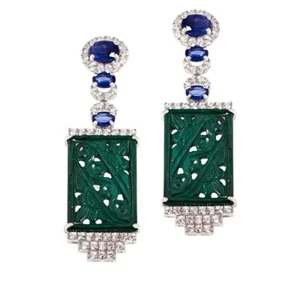 Rarities Womens Sterling Silver Carved Green Malachite Kyanite Dangle Earrings - Picture 1 of 7
