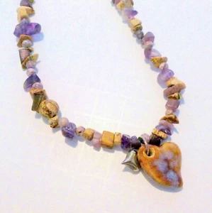 Genuine Unakite and Amethyst Stone Chip Porcelain Heart Pendant Beaded Necklace - Picture 1 of 3
