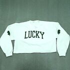 Lucky Four Leaf Clover Cut Off Crop Sweatshirt Women Size Large White Green 