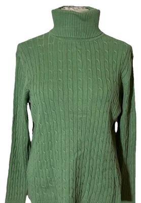 Suéter Eddie Bauer para mujer tejido con cable L cuello alto verde algodón/nailon Foto 1 de 4