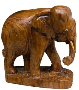 Elefante de madera marrón tallado a mano vintage - Imagen 1 de 24