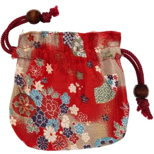 Vintage japanischer Kinchaku Kordelzug Beutel klein rot Viskose Chirimen Blumendruck - Bild 1 von 3