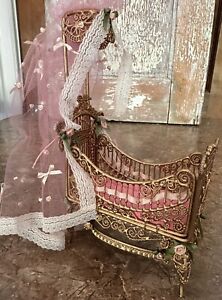 RARE Antique Victorian Metal Ornate Baby Doll Crib W Canopy Beautiful