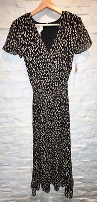 NWT Women's TALBOT'S Pure Silk Faux Wrap Dress S/S Sash Tie Full Skirt Black 4 - Image 1 of 4