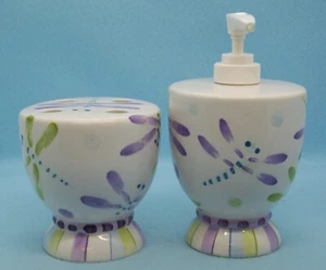 Toothbrush Holder Lotion Dispense Set Dragon Fly Floral SKL/WW Ceramic - Picture 1 of 8