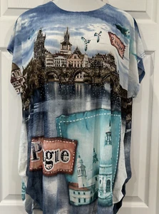 Casa Donna Leinenmischung leichtes Prag Stadtbild Print Top Tunika Glitzer XL - Bild 1 von 11