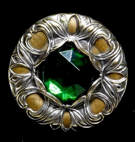Antique BUTTON Large Gay 90's Design Green Glass Jewel w Pierced Brass NICE Cover