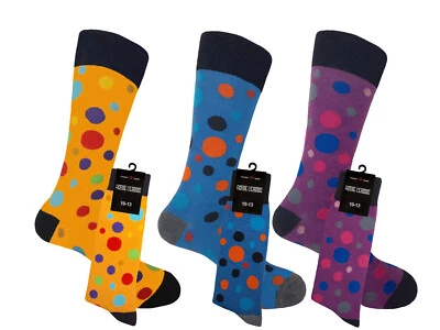 3 PAIR MEN'S DRESS SOCKS FORMAL POLKA DOT YELLOW PURPLE BLUE COTTON SOCKS - Image 1 of 4